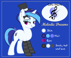 Size: 4000x3273 | Tagged: safe, artist:n0kkun, oc, oc only, oc:melodic dreams, parent:octavia melody, parent:vinyl scratch, parents:scratchtavia, species:pony, species:unicorn, icey-verse, bedroom eyes, blue background, bow, clothing, ear piercing, earring, eyeshadow, female, grin, hair bow, hat, jewelry, magical lesbian spawn, makeup, mare, multicolored hair, offspring, piercing, reference sheet, simple background, smiling, socks, solo, striped socks, top hat