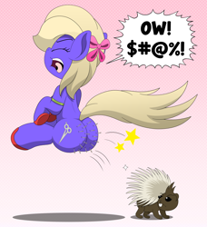 Size: 3654x4000 | Tagged: safe, artist:aarondrawsarts, oc, oc:ruby shears, species:earth pony, species:pony, butt, censored vulgarity, grawlixes, literal butthurt, ouch, pain, plot, porcupine, ych result