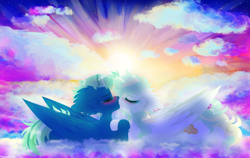 Size: 3116x1965 | Tagged: safe, artist:vanillaswirl6, character:sky stinger, character:vapor trail, species:pegasus, species:pony, ship:vaporsky, g4, blushing, cloud, contest entry, female, fluffy, kissing, male, shipping, straight, sunset