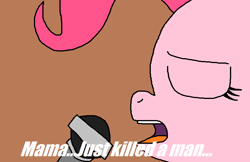 Size: 862x560 | Tagged: safe, artist:logan jones, character:pinkie pie, species:earth pony, species:pony, bohemian rhapsody, brown background, female, freddie mercury, implied cloudy quartz, implied murder, implied svengallop, meme, microphone, queen (band), simple background, singing, solo, song reference, wrong name in the description
