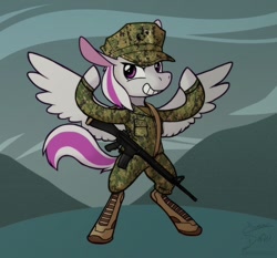 Size: 1024x953 | Tagged: safe, artist:enma-darei, oc, oc only, species:pegasus, species:pony, assault rifle, boots, camouflage, clothing, grin, gun, hat, m16a4, marine, marpat woodland, military uniform, rifle, shoes, smiling, solo, weapon