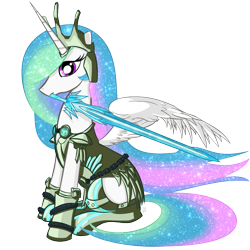Size: 1000x1000 | Tagged: safe, artist:cheshiresdesires, character:princess celestia, species:alicorn, species:pony, armor, crossover, female, mare, monster hunter, mouth hold, simple background, sitting, solo, sword, transparent background, weapon