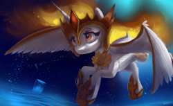 Size: 4400x2700 | Tagged: safe, artist:auroriia, character:daybreaker, character:princess celestia, species:alicorn, species:pony, episode:a royal problem, g4, my little pony: friendship is magic, absurd resolution, bubble, crown, female, helmet, high res, hoof shoes, horn, jewelry, mare, regalia, solo, spread wings, underwater, water, wings