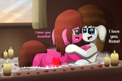 Size: 4300x2880 | Tagged: safe, artist:aarondrawsarts, oc, oc:brain teaser, oc:rose bloom, species:pony, episode:hearts and hooves day, g4, my little pony: friendship is magic, bath, bathing together, bathtub, bedroom eyes, boop, brainbloom, butt, candle, chest fluff, couple, dialogue, ear down, female, floppy ears, holiday, mare, noseboop, oc x oc, plot, romantic, rose petals, shipping, steam, valentine's day, wet mane