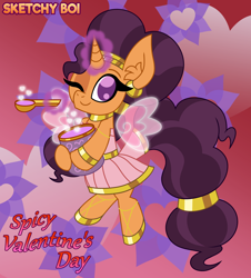 Size: 3800x4200 | Tagged: safe, artist:snakeythingy, character:saffron masala, artificial wings, augmented, cupid, curry, food, heart, holiday, magic, magic wings, story included, valentine's day, wings