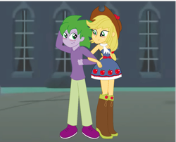 Size: 969x783 | Tagged: safe, artist:conikiblasu-fan, edit, character:applejack, character:spike, ship:applespike, my little pony:equestria girls, arm in arm, blushing, cropped, female, hand on head, male, shipping, smiley face, straight