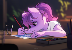 Size: 2362x1654 | Tagged: safe, artist:katputze, oc, oc only, oc:share dast, species:anthro, species:earth pony, species:pony, anthro oc, art, artwork, concentrating, looking at something, paintbrush, painting, solo, watercolour, working