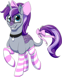 Size: 1187x1459 | Tagged: safe, artist:mythpony, oc, oc only, oc:dolkka, species:kirin, species:unicorn, bow, clothing, collar, commission, femboy, glasses, hair bow, hybrid, latex, latex socks, looking at you, male, simple background, smiling, socks, solo, striped socks, tail bow, transparent background