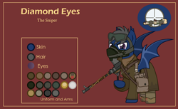 Size: 3000x1832 | Tagged: safe, artist:n0kkun, oc, oc only, oc:diamond eyes (ice1517), species:bat pony, species:pony, army, bag, bat pony oc, belt, boots, boys anti tank rifle, clothing, goggles, gun, male, mask, military, pants, pouch, raised hoof, red background, reference sheet, rifle, saddle bag, shirt, shoes, simple background, solo, stallion, trenchcoat, weapon, world war ii
