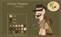 Size: 3000x1832 | Tagged: safe, artist:n0kkun, oc, oc only, oc:island hopper, species:earth pony, species:pony, bandolier, bedroom eyes, belt, boots, bullet, camouflage, clothing, dog tags, female, green background, gun, hat, knife, mare, military, pants, pouch, reference sheet, scarf, shirt, shoes, shotgun, simple background, slouch hat, solo, sunglasses, t-shirt, weapon, world war ii