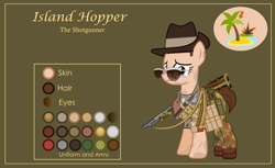 Size: 3000x1832 | Tagged: safe, alternate version, artist:n0kkun, oc, oc only, oc:island hopper, species:earth pony, species:pony, bandolier, belt, boots, broken glasses, bullet, camouflage, clothing, crying, dirt, dog tags, female, green background, gun, hat, knife, mare, military, mud, nervous, pants, pouch, reference sheet, sad, scar, scarf, shirt, shoes, shotgun, simple background, slouch hat, solo, sunglasses, t-shirt, traumatized, weapon, world war ii