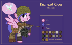 Size: 3001x1881 | Tagged: safe, artist:n0kkun, oc, oc only, oc:redheart cross, species:pegasus, species:pony, armor, bandage, bedroom eyes, boots, clothing, combat armor, combat medic, female, gas mask, gloves, gun, helmet, m3 grease gun, mare, mask, military, pants, pouch, purple background, red cross, reference sheet, shirt, shoes, simple background, solo, submachinegun, weapon, world war ii