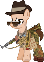 Size: 1280x1795 | Tagged: safe, alternate version, artist:n0kkun, oc, oc only, oc:island hopper, species:earth pony, species:pony, bandolier, belt, boots, broken glasses, bullet, camouflage, clothing, crying, dirt, dog tags, female, gun, hat, knife, mare, military, mud, nervous, pants, pouch, sad, scar, scarf, shirt, shoes, shotgun, simple background, slouch hat, solo, sunglasses, t-shirt, transparent background, traumatized, weapon, world war ii