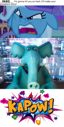 Size: 796x1561 | Tagged: safe, artist:mega-poneo, edit, edited screencap, screencap, character:trixie, species:pony, species:unicorn, episode:to where and back again, g4, my little pony: friendship is magic, angry, clothing, comic, crossover, dialogue, elephant, faec, female, floppy ears, hat, kapow, mare, meme, mulan, punch, screencap comic, trixie's wagon, yao