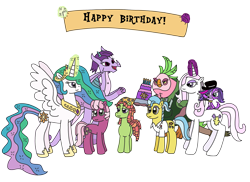 Size: 3243x2357 | Tagged: safe, artist:supahdonarudo, character:cheerilee, character:doctor fauna, character:fleur-de-lis, character:lix spittle, character:princess celestia, character:prominence, character:tree hugger, species:alicorn, species:dog, species:dragon, species:earth pony, species:pony, species:unicorn, my little pony: the movie (2017), banner, birthday, cake, cheeribetes, clothing, crossover, cute, dragoness, female, fleurabetes, food, hat, huggerbetes, knife, levitation, littlest pet shop, magic, mare, microphone, nicole oliver, parrot pirates, pirate, promibetes, simple background, spoon, telekinesis, transparent background, voice actor joke, zoe trent