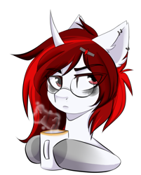Size: 701x871 | Tagged: safe, artist:cloud-fly, oc, oc only, oc:hallowed thorn, species:pony, species:unicorn, bags under eyes, coffee mug, colored hooves, ear piercing, earring, eyebrows, eyebrows visible through hair, female, glasses, hairpin, jewelry, mare, mug, piercing, simple background, solo, transparent background