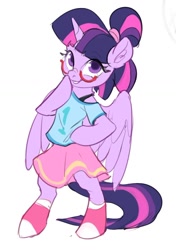 Size: 910x1293 | Tagged: safe, artist:luciferamon, character:twilight sparkle, character:twilight sparkle (alicorn), species:alicorn, species:pony, alternate hairstyle, bipedal, clothing, cute, ear fluff, female, glasses, mare, moe, off shoulder, ponytail, raised hoof, semi-anthro, shirt, shoes, simple background, skirt, smiling, socks, solo, twiabetes, white background