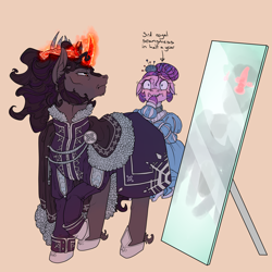 Size: 3000x3000 | Tagged: safe, artist:sourcherry, character:king sombra, oc, unnamed oc, species:earth pony, species:pony, species:unicorn, cape, clothing, crown, fur, horseshoes, jewelry, magic, mirror, pincushion, regalia