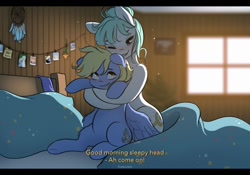 Size: 1024x718 | Tagged: safe, artist:katputze, oc, oc only, oc:blue skies, oc:largesse, species:earth pony, species:pegasus, species:pony, bed, cute, dreamcatcher, duo, fake screencap, hug, hug from behind, morning, one eye closed, size difference, smiling, subtitles