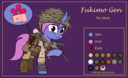 Size: 3000x1832 | Tagged: safe, artist:n0kkun, oc, oc only, oc:fukimo gen, species:pony, species:unicorn, bag, bandage, boots, bottle, clothing, combat medic, curved horn, female, flask, goggles, grenade, gun, helmet, holster, horn, katana, mare, medic, military, pants, pouch, purple background, raised hoof, reference sheet, sad, saddle bag, shirt, shoes, simple background, solo, submachinegun, sword, weapon, world war ii