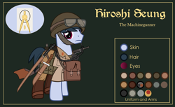 Size: 3000x1832 | Tagged: safe, artist:n0kkun, oc, oc only, oc:hiroshi seung, species:earth pony, species:pony, belt, boots, bottle, clothing, flask, goggles, green background, gun, helmet, kanji, katana, knife, machine gun, male, military, pants, pouch, reference sheet, shirt, shoes, simple background, solo, stallion, sword, weapon, world war ii