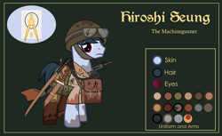 Size: 3000x1832 | Tagged: safe, alternate version, artist:n0kkun, oc, oc only, oc:hiroshi seung, species:earth pony, species:pony, belt, boots, bottle, clothing, dirt, flask, goggles, green background, gun, helmet, kanji, katana, knife, machine gun, male, military, mud, pants, pouch, reference sheet, shirt, shoes, simple background, solo, stallion, sword, weapon, world war ii