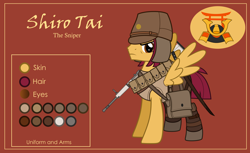 Size: 3000x1832 | Tagged: safe, artist:n0kkun, oc, oc only, oc:shiro tai, species:pegasus, species:pony, bag, belt, boots, brown background, clothing, gun, hat, katana, male, military, pants, pouch, reference sheet, rifle, saddle bag, shoes, simple background, solo, stallion, sword, tank top, weapon, world war ii