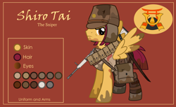 Size: 3000x1832 | Tagged: safe, alternate version, artist:n0kkun, oc, oc only, oc:shiro tai, species:pegasus, species:pony, bag, belt, boots, brown background, clothing, dirt, gun, hat, katana, male, military, mud, pants, pouch, reference sheet, rifle, saddle bag, shoes, simple background, solo, stallion, sword, tank top, weapon, world war ii