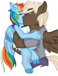 Size: 850x1114 | Tagged: safe, artist:dbkit, character:dumbbell, character:rainbow dash, species:anthro, ship:dumbdash, carrying, cloven hooves, couple, female, male, ring, shipping, simple background, size difference, straight, transparent background, wedding ring
