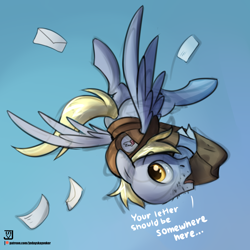 Size: 3000x3000 | Tagged: safe, artist:jedayskayvoker, character:derpy hooves, species:pegasus, species:pony, bag, clothing, dialogue, dopey hooves, flying, hat, high res, looking at you, mail, mailpony, male, patreon, patreon logo, rule 63, sketchy, solo, stallion, stubble