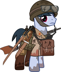 Size: 1280x1502 | Tagged: safe, artist:n0kkun, oc, oc only, oc:hiroshi seung, species:earth pony, species:pony, belt, boots, bottle, clothing, dirt, flask, goggles, gun, helmet, imperial japan, imperial japanese army, kanji, katana, knife, machine gun, male, military, mud, pants, pouch, shirt, shoes, simple background, solo, stallion, sword, transparent background, weapon, world war ii