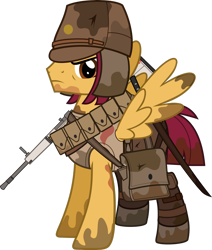 Size: 1280x1509 | Tagged: safe, artist:n0kkun, oc, oc only, oc:shiro tai, species:pegasus, species:pony, bag, belt, boots, clothing, dirt, gun, hat, imperial japan, imperial japanese army, katana, male, military, mud, pants, pouch, rifle, saddle bag, shoes, simple background, solo, stallion, sword, tank top, transparent background, weapon, world war ii