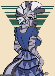 Size: 1200x1650 | Tagged: safe, artist:sketchybug, character:zecora, species:anthro, species:zebra, clothing, ear piercing, earring, female, jewelry, looking at you, looking back, piercing, skirt, zecora appreciation week