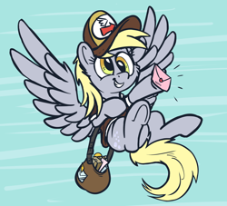 Size: 2172x1968 | Tagged: safe, artist:pirill, character:derpy hooves, species:pegasus, species:pony, abstract background, cheek fluff, clothing, ear fluff, envelope, female, flying, hat, mailbag, mailmare, mailmare hat, mare, package, smiling, solo, wings, wip