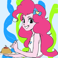 Size: 2000x2000 | Tagged: safe, artist:luciferamon, edit, character:pinkie pie, my little pony:equestria girls, color edit, colored, flan, food, happy, pudding, sketch, smiling
