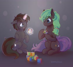 Size: 4000x3700 | Tagged: safe, artist:eifiechan, oc, oc only, species:earth pony, species:pony, species:unicorn, commission, gray background, high res, hoof hold, levitation, magic, rubik's cube, simple background, telekinesis