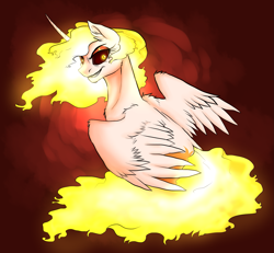 Size: 1719x1587 | Tagged: safe, artist:not-ordinary-pony, derpibooru original, character:daybreaker, character:princess celestia, species:alicorn, species:pony, ear fluff, fangs, female, looking at you, mane of fire, mare, missing accessory, rapidash, smiling, solo, teeth, wings