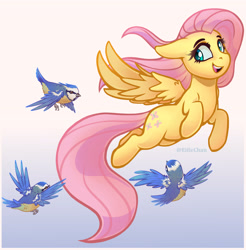 Size: 3651x3716 | Tagged: safe, artist:eifiechan, character:fluttershy, species:bird, species:pegasus, species:pony, chickadee (bird), commission, cute, female, floppy ears, flying, gradient background, high res, looking back, mare, open mouth, shyabetes, smiling, solo, spread wings, wings