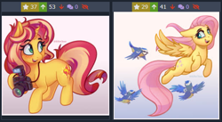 Size: 506x278 | Tagged: safe, artist:eifiechan, derpibooru original, editor:kaifloof, character:fluttershy, character:sunset shimmer, species:bird, species:pegasus, species:pony, species:unicorn, derpibooru, bluebird, camera, female, floppy ears, flying, freckles, gradient background, holding, juxtaposition, juxtaposition win, looking back, mare, meme, meta, open mouth, raised hoof, smiling, solo, spread wings, wings