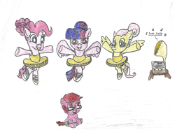 Size: 801x596 | Tagged: safe, artist:logan jones, character:fluttershy, character:pinkie pie, character:twilight sparkle, character:twilight sparkle (alicorn), oc, oc:logan berry, species:alicorn, species:pony, episode:a royal problem, g4, my little pony: friendship is magic, ballerina, ballet, ballet slippers, clothing, colt, dancing, drawing, female, glasses, gramophone, heart eyes, male, mare, music notes, record, swan lake, traditional art, tutu, wingding eyes