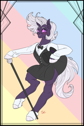 Size: 3000x4500 | Tagged: safe, artist:sourcherry, oc, oc only, oc:cyberia starlight, species:earth pony, species:pony, bow tie, cane, clothing, dancing, female, hat, mare, sharp teeth, smiling, solo, teeth, top hat