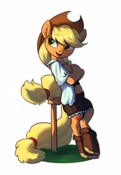 Size: 1948x2807 | Tagged: safe, artist:luciferamon, character:applejack, species:earth pony, species:pony, g4, bipedal, bipedal leaning, boots, chest fluff, clothing, crossed arms, cute, female, hoof boots, jackabetes, leaning, mare, semi-anthro, shirt, shoes, shorts, simple background, smiling, solo, white background