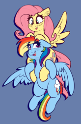Size: 2287x3474 | Tagged: safe, artist:graphene, character:fluttershy, character:rainbow dash, species:pegasus, species:pony, ship:flutterdash, cute, duo, female, floppy ears, happy, holding, lesbian, looking at each other, mare, open mouth, shipping, shoulder ride, smiling, spread wings, wings