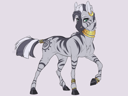 Size: 1280x960 | Tagged: safe, artist:dementra369, character:zecora, species:pony, species:zebra, accessories, bracelet, collar, ear piercing, earring, female, gold, hoers, jewelry, leg rings, looking at you, mare, mohawk, neck rings, piercing, realistic horse legs, simple background, solo, straight hair, stripes, tail ring, white background