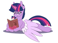 Size: 2700x2000 | Tagged: safe, artist:liefsong, character:twilight sparkle, character:twilight sparkle (alicorn), species:alicorn, species:pony, book, female, lying down, magic, mare, playboy, reading, simple background, smiling, solo, spread wings, transparent background, wings