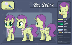 Size: 4000x2500 | Tagged: safe, artist:pirill, oc, oc only, oc:sky spark, species:pony, species:unicorn, clothing, color palette, commission, cutie mark, female, horn, looking at you, mare, reference sheet, scarf, simple background, unicorn oc
