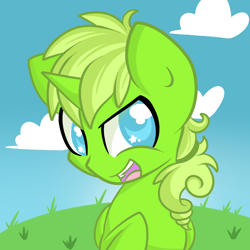 Size: 1024x1024 | Tagged: safe, artist:starlightlore, oc, oc only, oc:pear bloom, species:pony, species:unicorn, bust, cloud, grass, horn, open mouth, raised hoof, solo, starry eyes, unicorn oc, wingding eyes