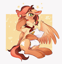 Size: 1405x1446 | Tagged: safe, artist:lightning-stars, oc, oc only, species:pegasus, species:pony, coat markings, ear fluff, female, freckles, mare, neckerchief, pigtails, pillow, simple background, sitting, solo, unshorn fetlocks, yawn