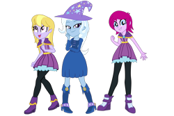 Size: 1592x1061 | Tagged: safe, artist:gmaplay, character:fuchsia blush, character:lavender lace, character:trixie, my little pony:equestria girls, clothing, female, hat, simple background, transparent background, trixie and the illusions, trixie's hat, vector