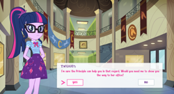 Size: 2000x1080 | Tagged: safe, artist:invisibleink, character:twilight sparkle, character:twilight sparkle (scitwi), species:eqg human, my little pony:equestria girls, canterlot high, clothing, commission, dating game, dating sim, dialogue box, glasses, lockers, misspelling, ponytail, rpg, show accurate, skirt, video game